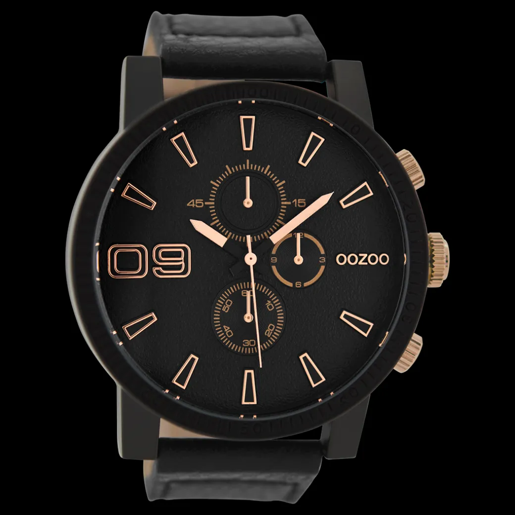 Black OOZOO watch with black leather strap - C9034