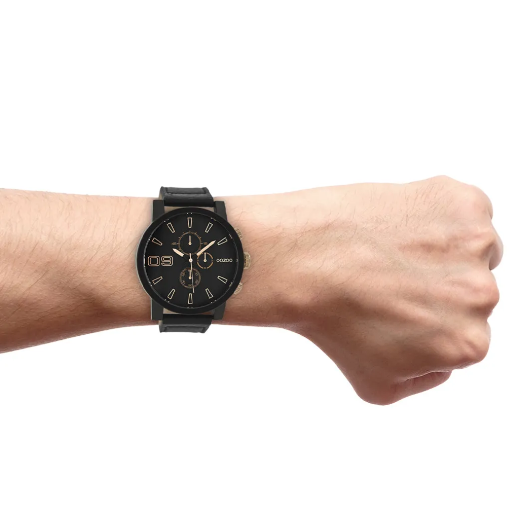 Black OOZOO watch with black leather strap - C9034