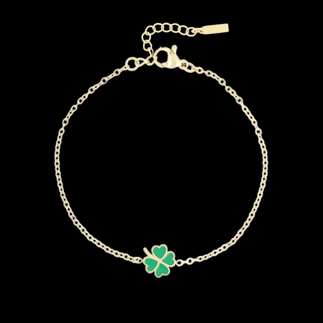 Goudkleurige armband + ketting set met een groene klaver