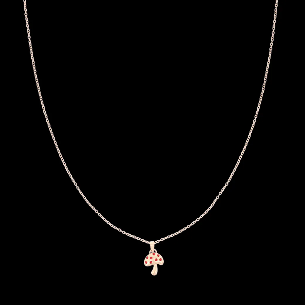Goudkleurige oorring + ketting set met een paddenstoel bedeltje