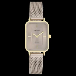 Goudkleurige OOZOO horloge met taupe metalen mesh armband - C20384