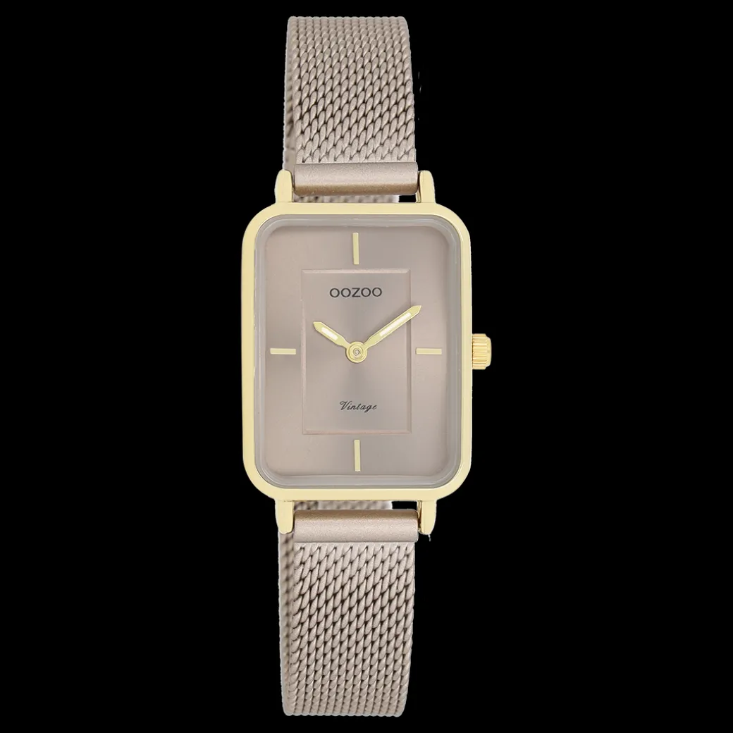 Goudkleurige OOZOO horloge met taupe metalen mesh armband - C20384