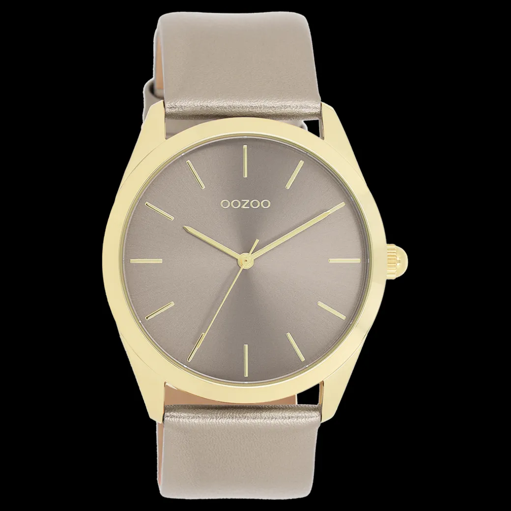 Goudkleurige OOZOO horloge met taupe leren band - C11333