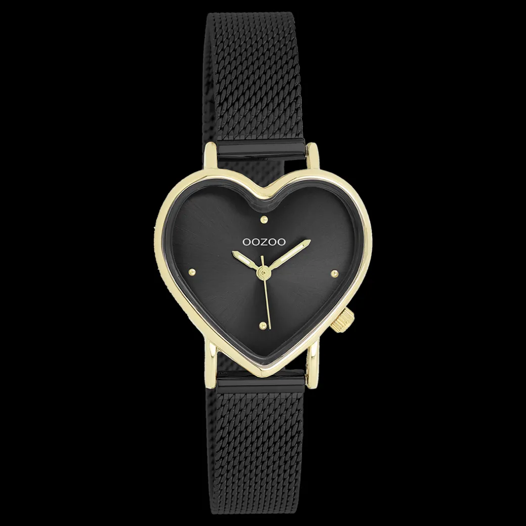 Goudkleurige OOZOO horloge met zwarte metalen mesh armband - C11447