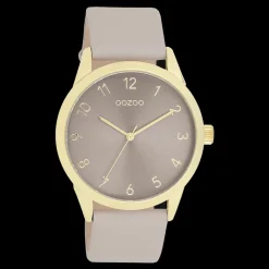 Goudkleurige OOZOO horloge met taupe leren band - C11328