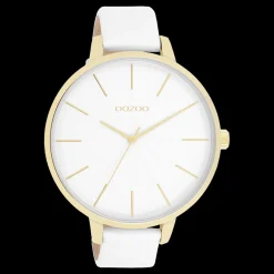 Goudkleurige OOZOO horloge met witte leren band - C11346