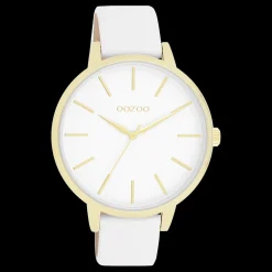 Goudkleurige OOZOO horloge met witte leren band - C11359