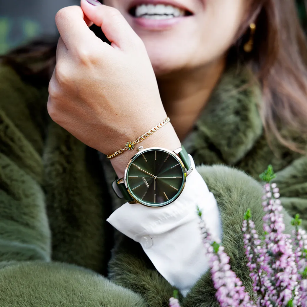 Goudkleurige OOZOO horloge met bos groene leren band - C11257