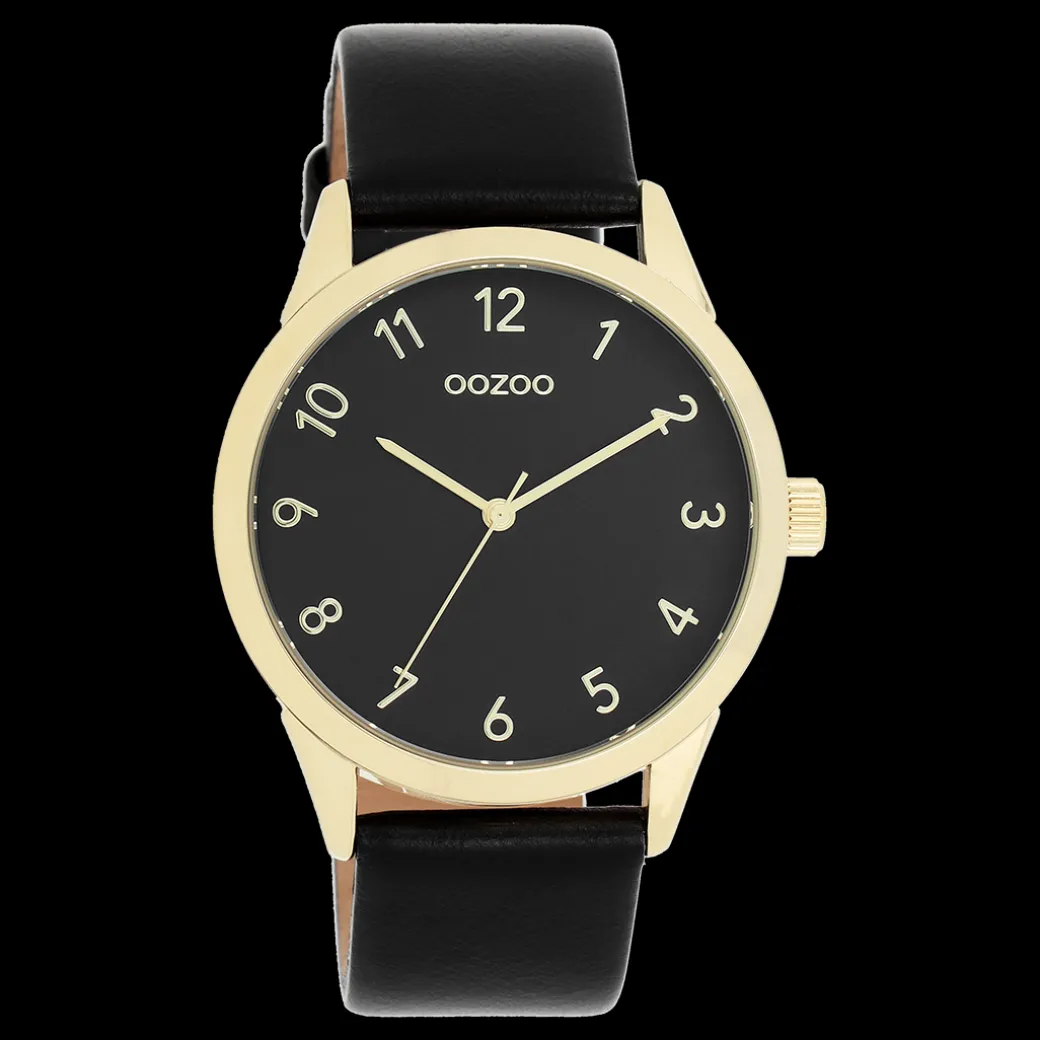 Goudkleurige OOZOO horloge met zwarte leren band - C11329