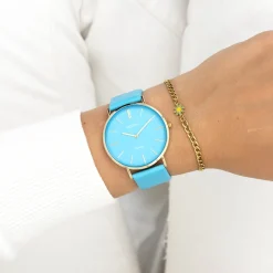 Goudkleurige OOZOO horloge met felblauwe leren band - C20323