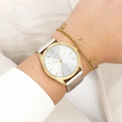 Goudkleurige OOZOO horloge met zilverkleurige leren band - C11330