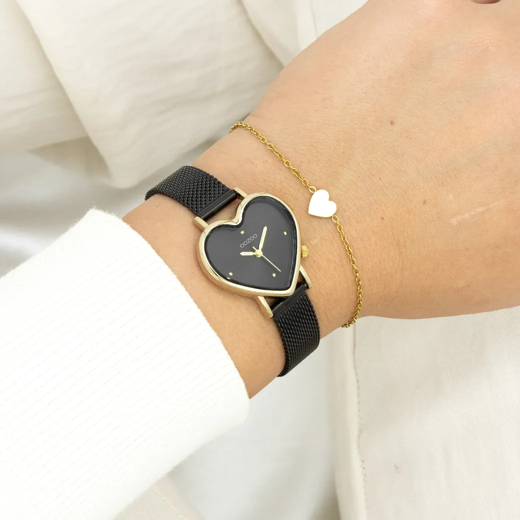 Goudkleurige OOZOO horloge met zwarte metalen mesh armband - C11447
