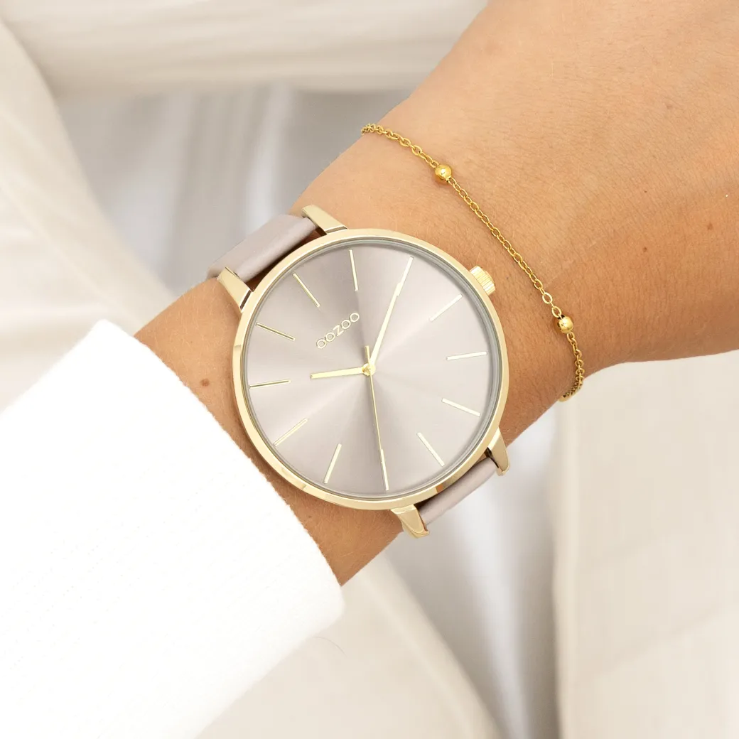 Goudkleurige OOZOO horloge met taupe leren band - C11256