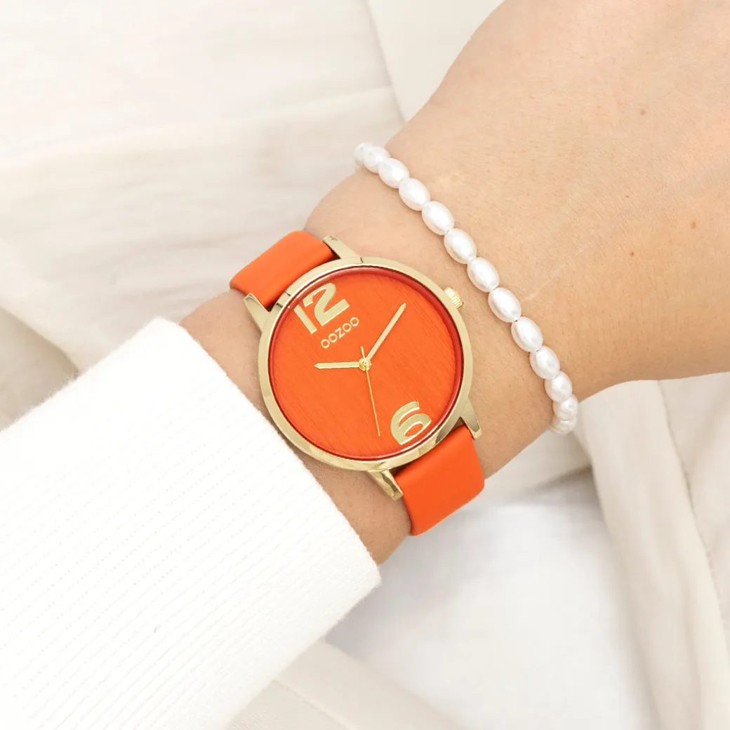 Goudkleurige OOZOO horloge met warm oranje leren band - C11341