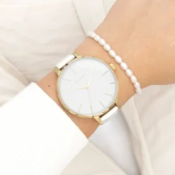Goudkleurige OOZOO horloge met witte leren band - C11346