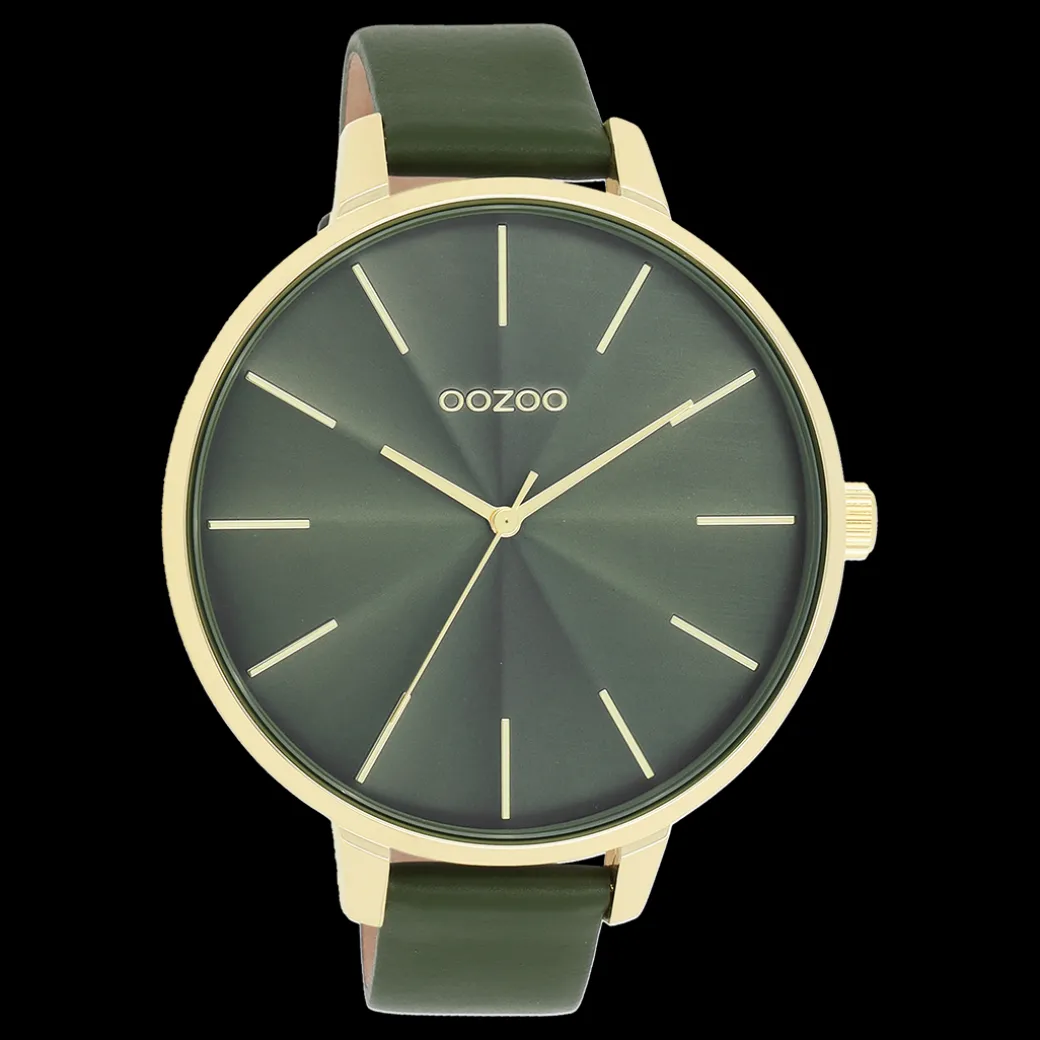 Goudkleurige OOZOO horloge met bos groene leren band - C11257
