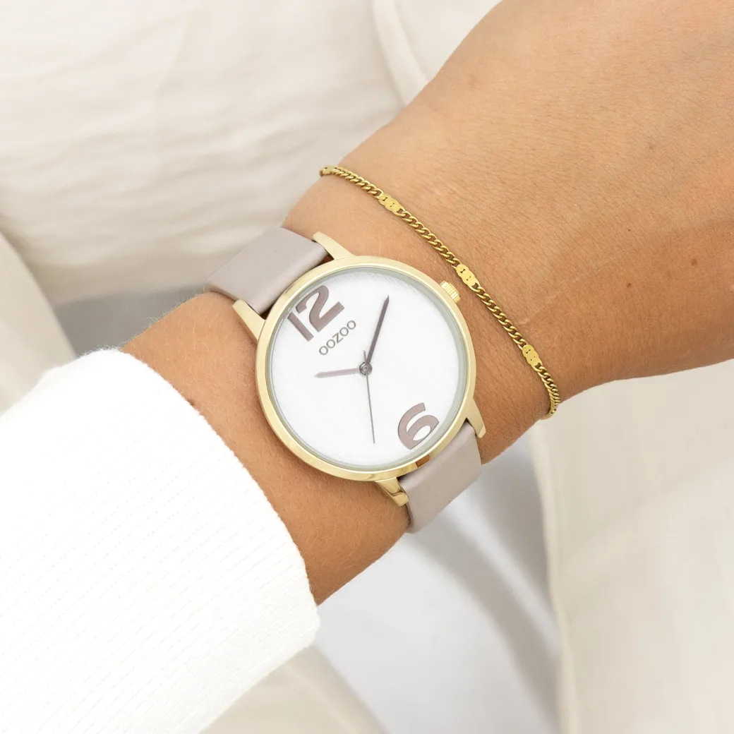 Goudkleurige OOZOO horloge met taupe leren band - C11236