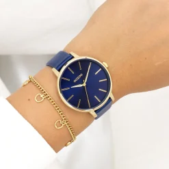 Goudkleurige OOZOO horloge met donker blauwe leren band - C11292