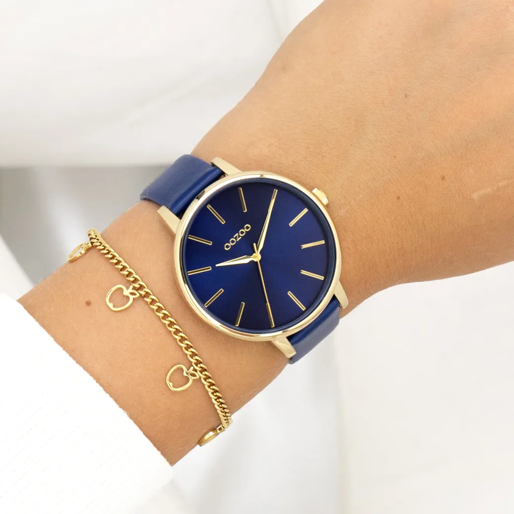 Goudkleurige OOZOO horloge met donker blauwe leren band - C11292