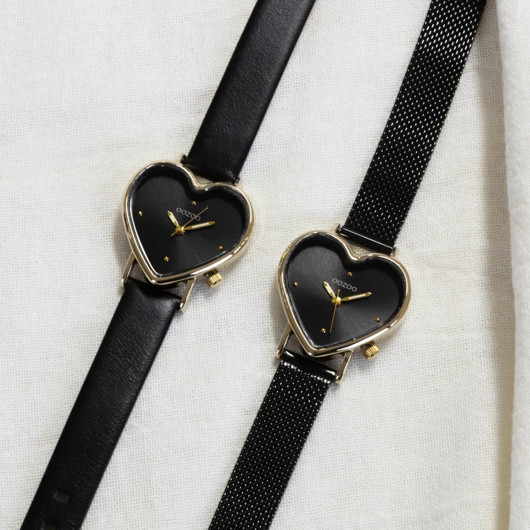 Goudkleurige OOZOO horloge met zwarte metalen mesh armband - C11447