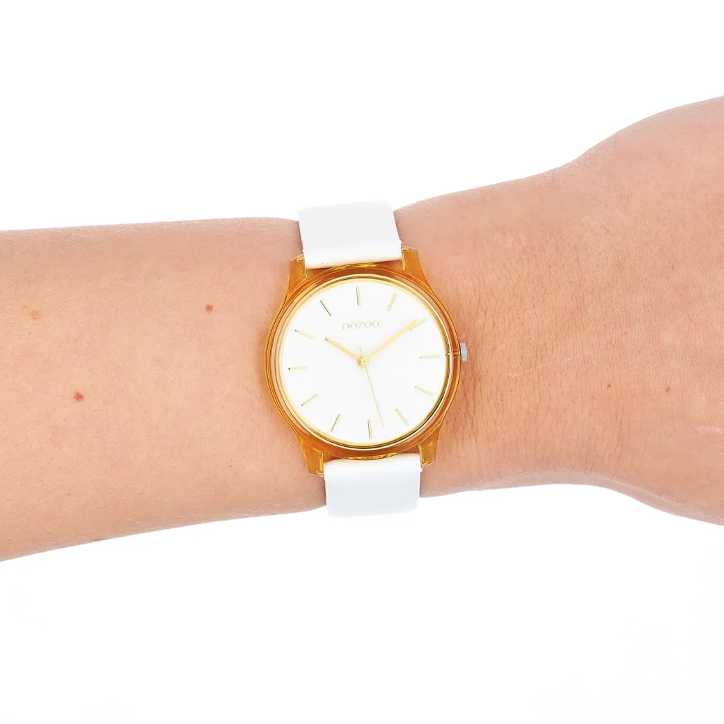 Goudkleurige OOZOO horloge met witte leren band - C11136