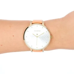 Goudkleurige OOZOO horloge met perzik roze leren band - C11036