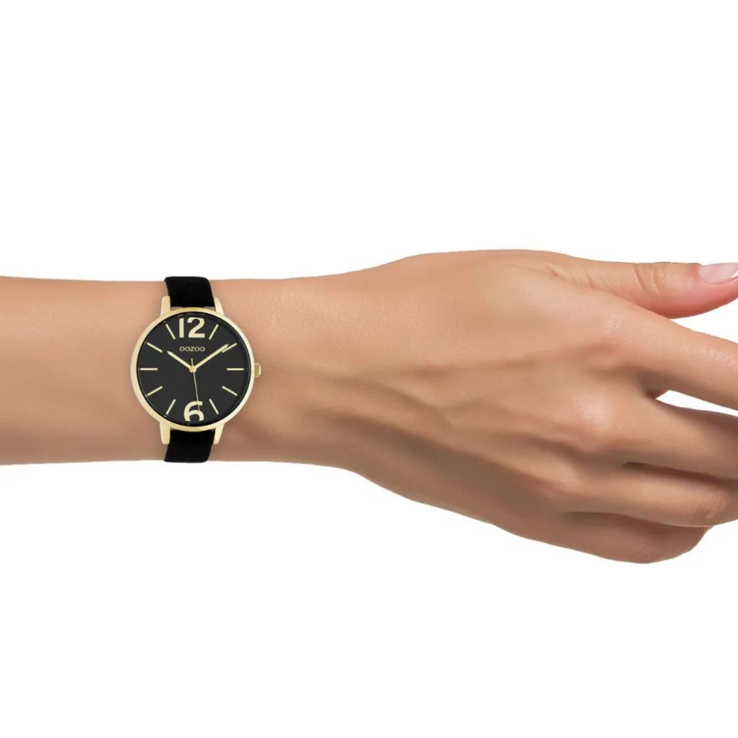Goudkleurige OOZOO horloge met zwarte leren band - C10836