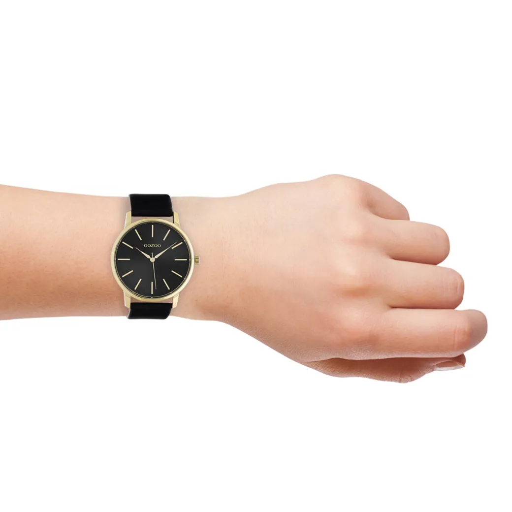 Goudkleurige OOZOO horloge met zwarte leren band - C10839