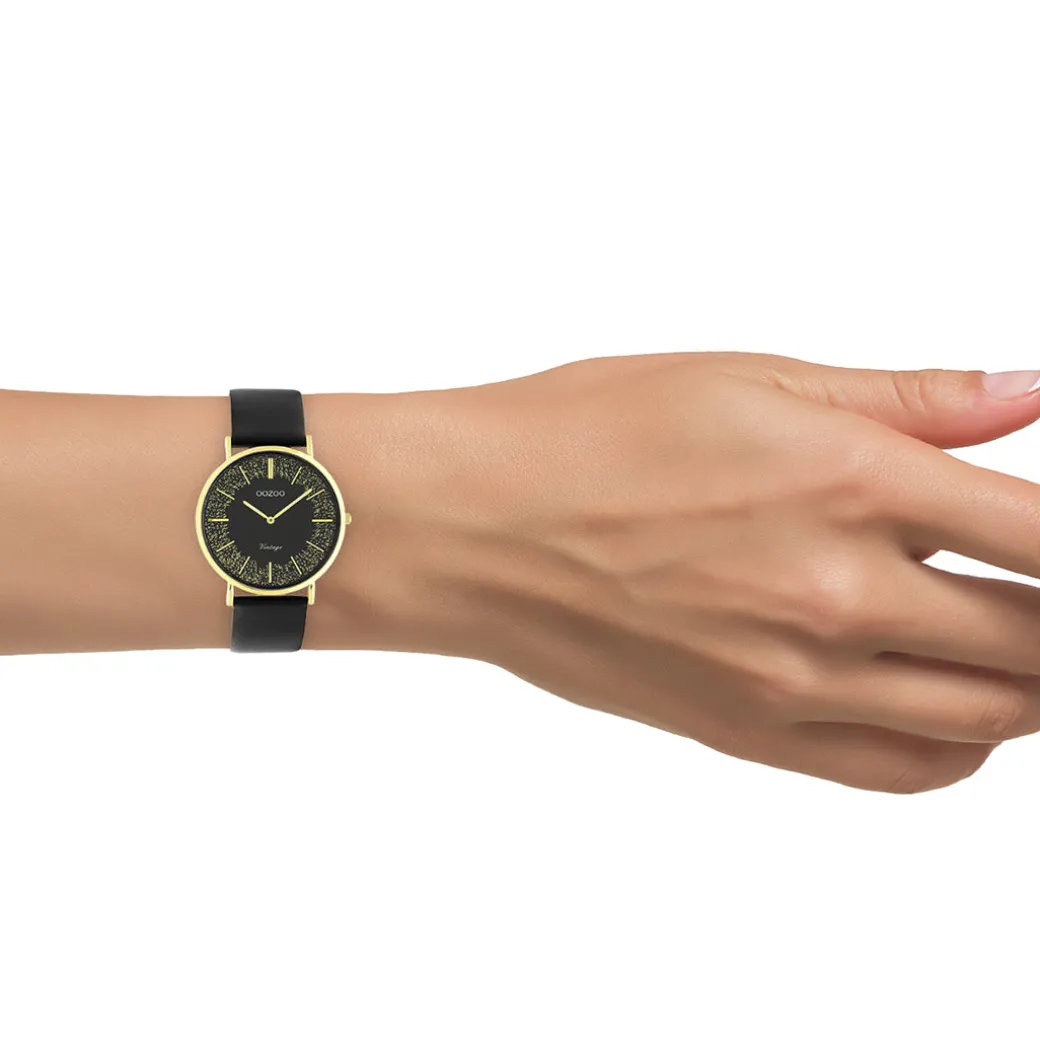 Goudkleurige OOZOO horloge met zwarte leren band - C20186
