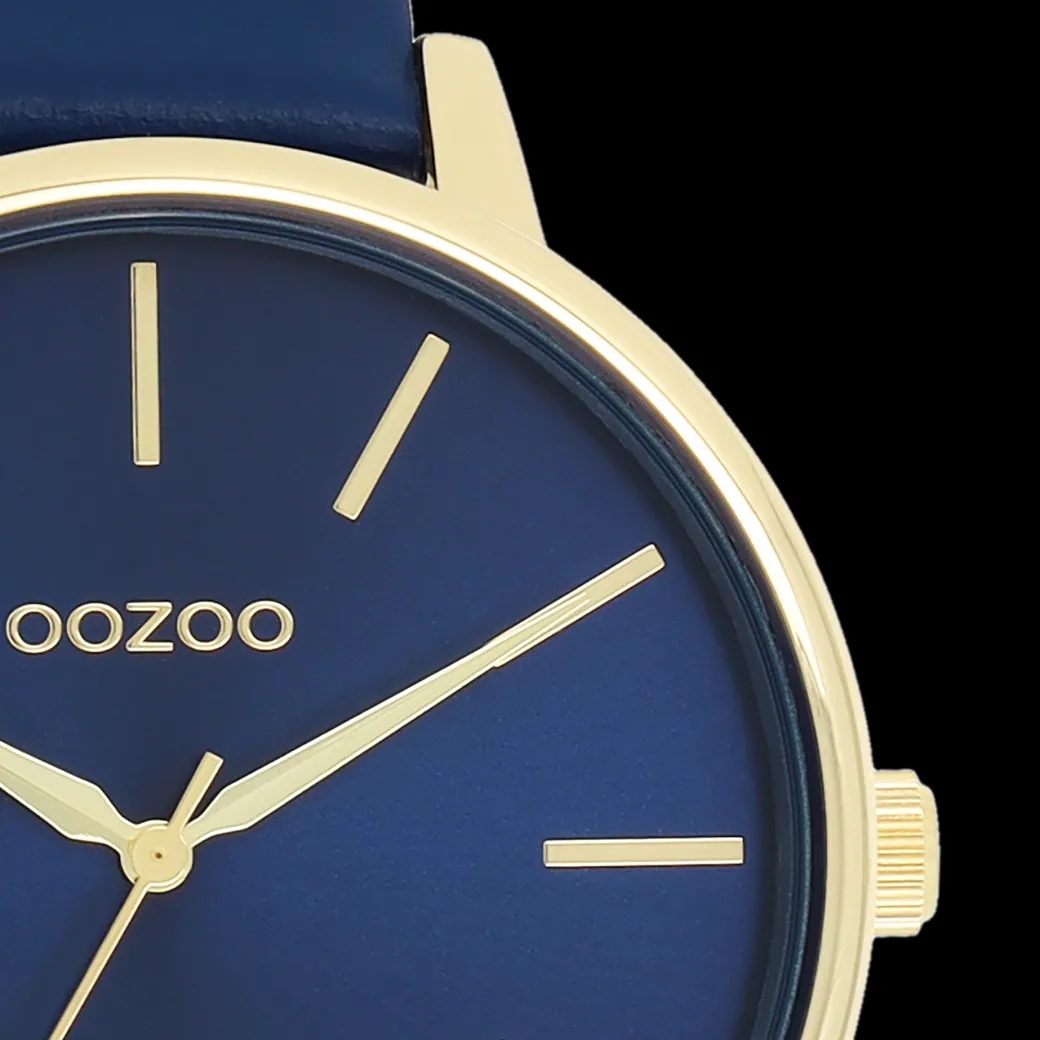 Goudkleurige OOZOO horloge met donker blauwe leren band - C11292