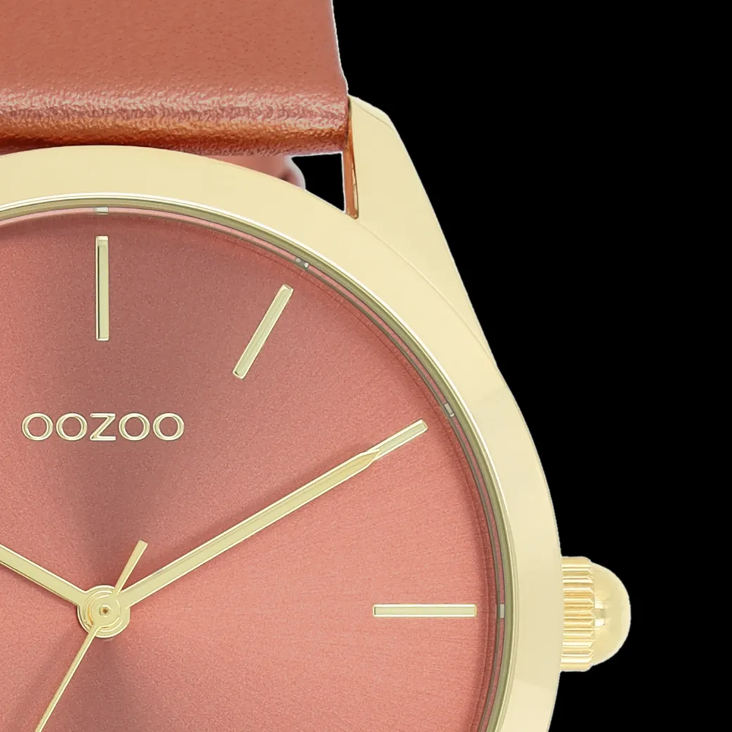 Goudkleurige OOZOO horloge met baksteen rode leren band - C11334