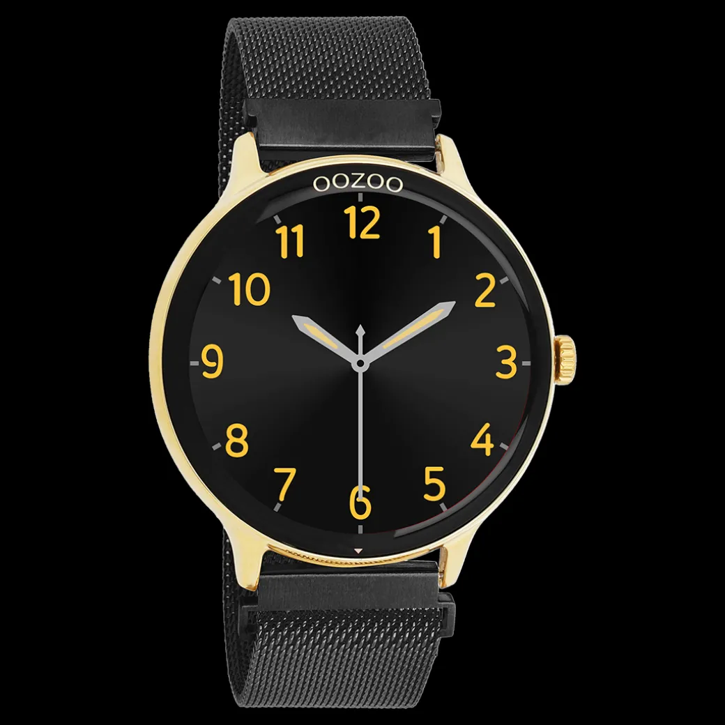 Goudkleurige OOZOO smartwatch met zwarte metalen mesh armband - Q00137
