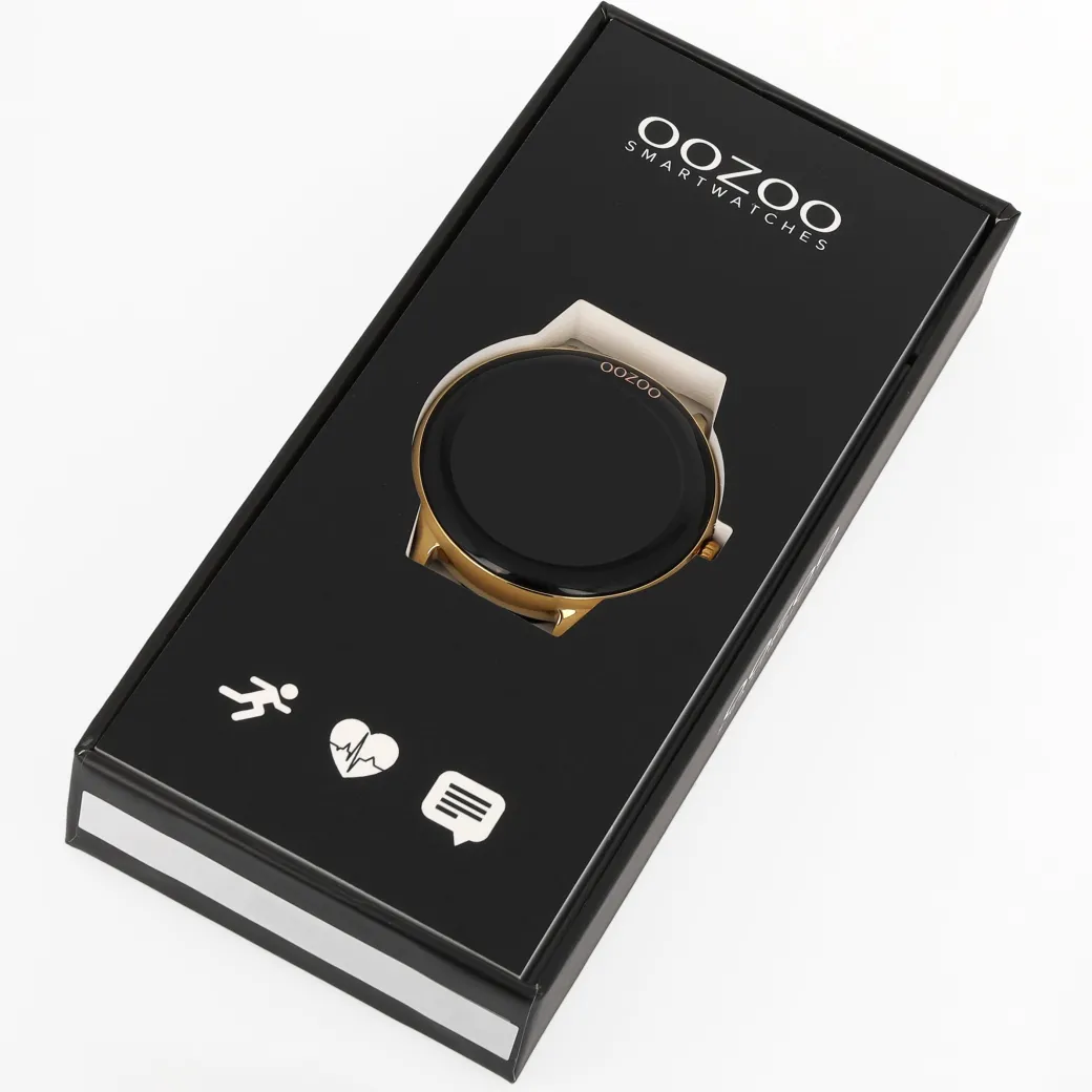 Goudkleurige OOZOO smartwatch met zwarte metalen mesh armband - Q00137