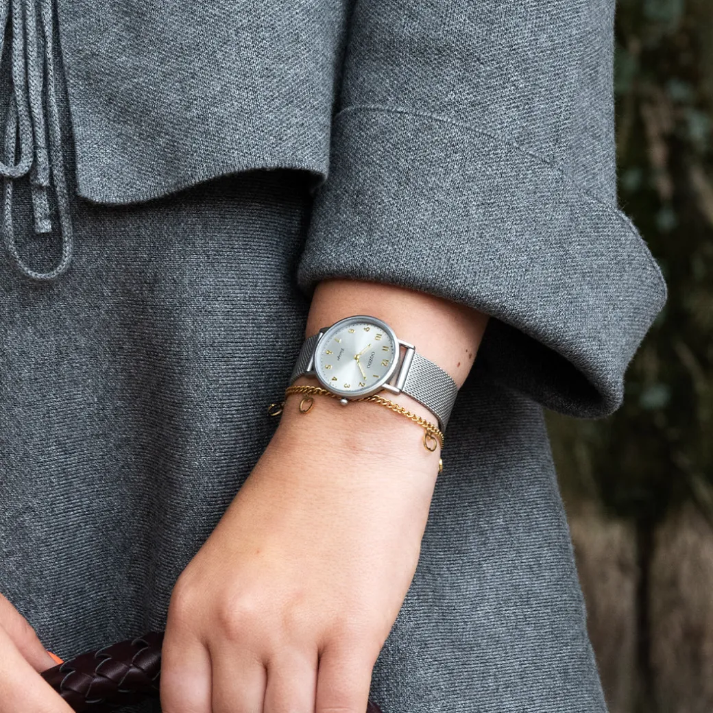 Licht grijze OOZOO horloge met metalen mesh armband - C20381