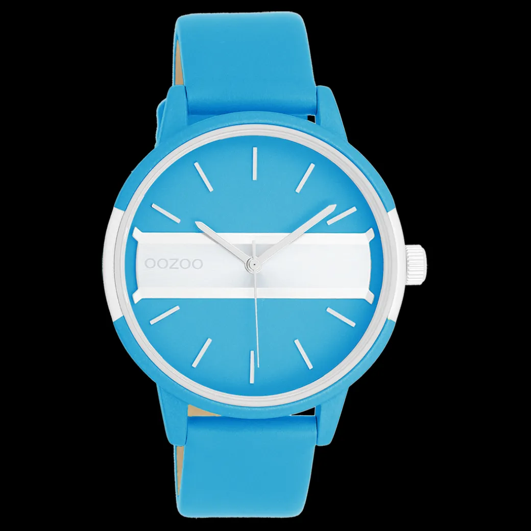 Neon blauw/goudkleurige OOZOO horloge met felblauwe leren band - C11188