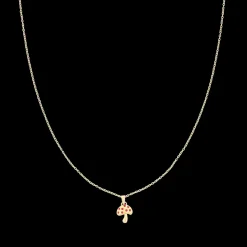 Rosé goud kleurige oorring + ketting set met een paddenstoel bedeltje