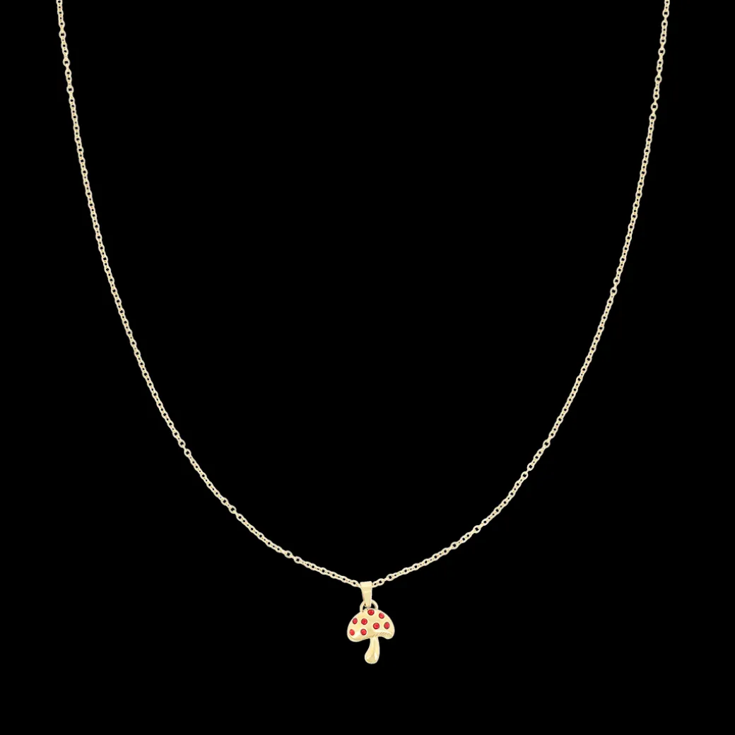 Rosé goud kleurige oorring + ketting set met een paddenstoel bedeltje