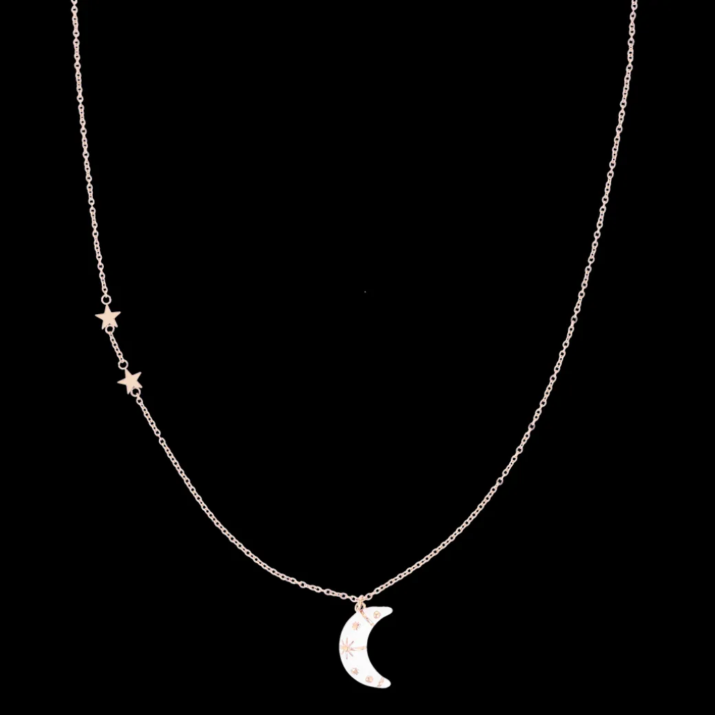 Rosé goud kleurige oorring + ketting set met een maan bedeltje