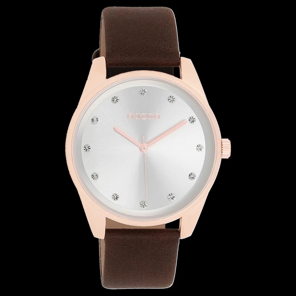 Rosé goudkleurige OOZOO horloge met bruine leren band - C11048