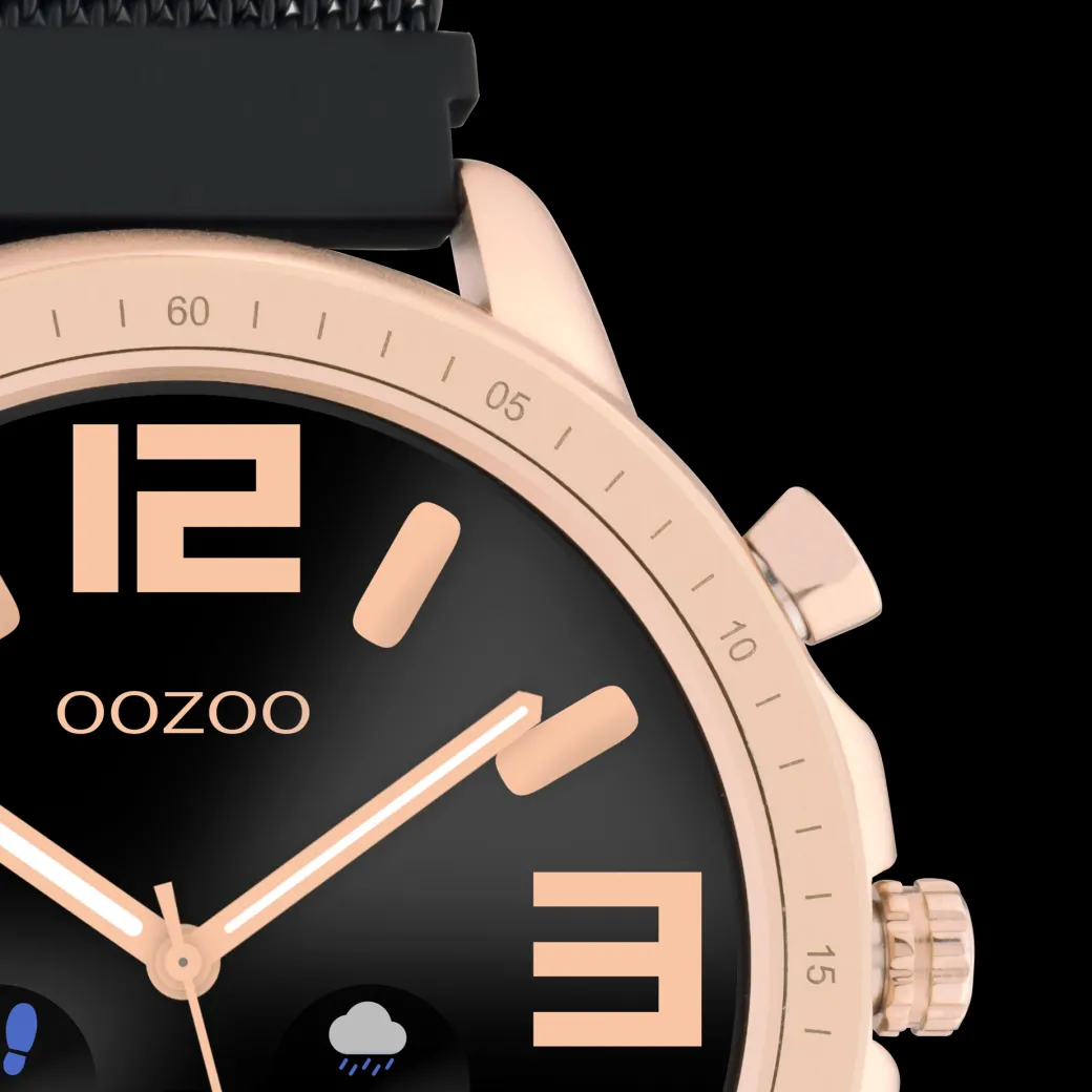Rosé goudkleurige OOZOO smartwatch met zwarte metalen mesh armband - Q00308