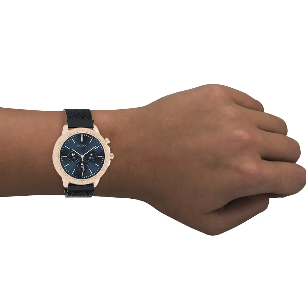 Rosé goudkleurige OOZOO smartwatch met zwarte metalen mesh armband - Q00308