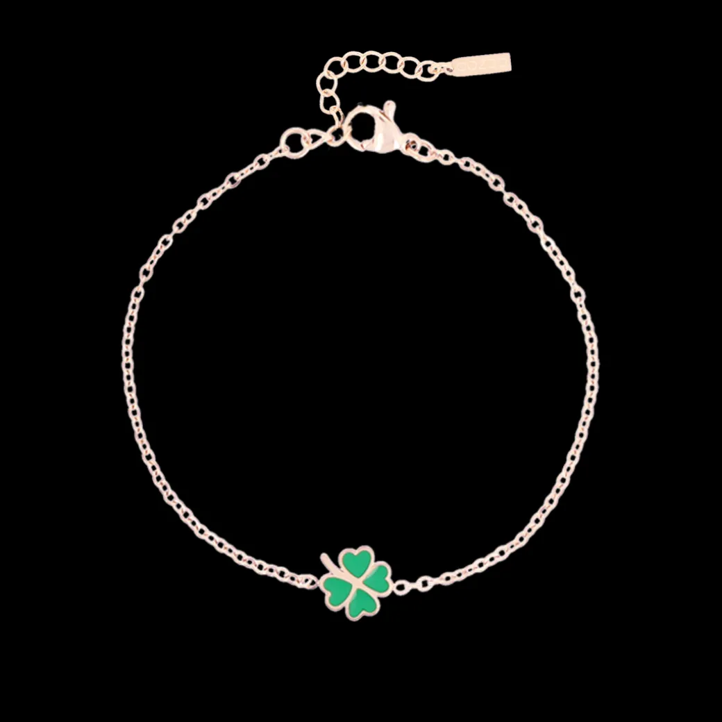 Rosé goudkleurig/groene armband met een klaver