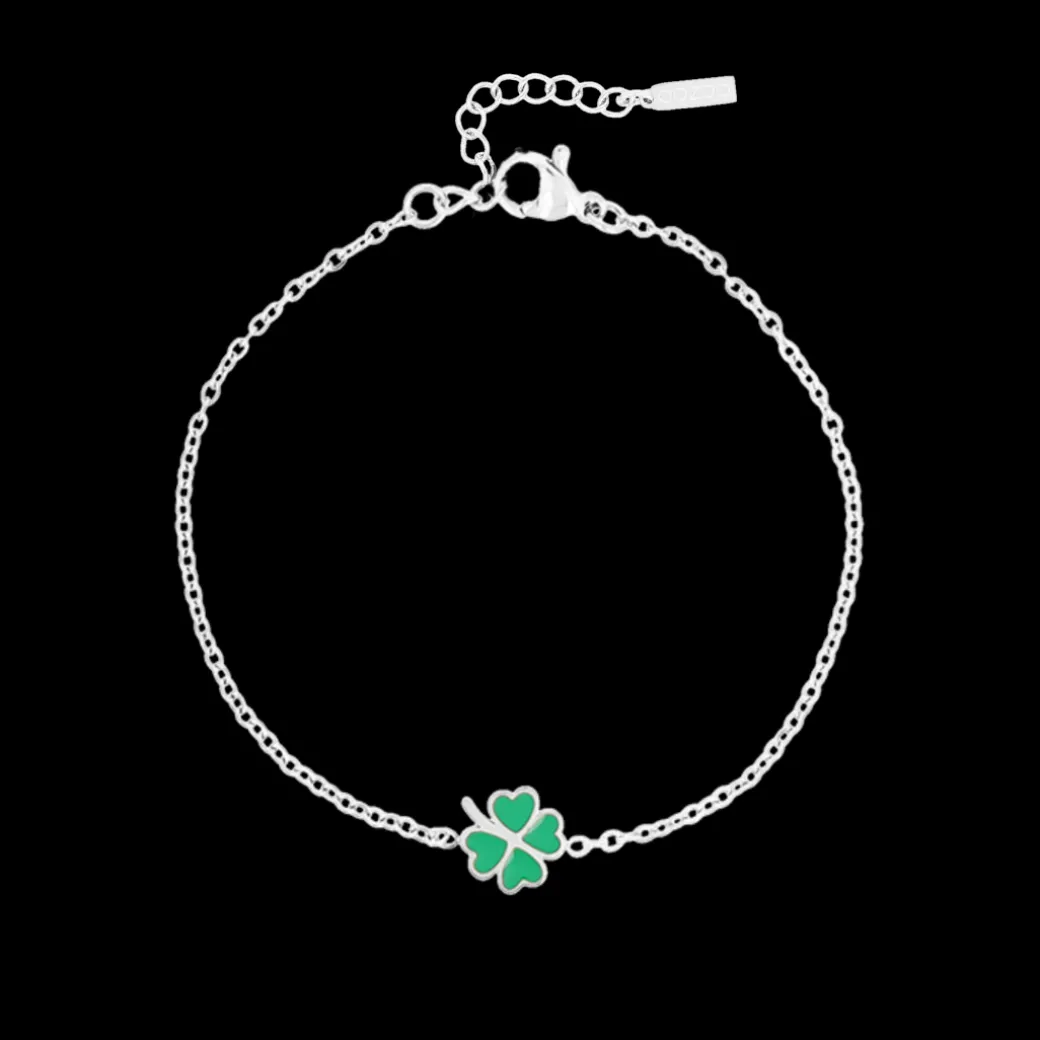 Zilverkleurige armband + ketting set met een groene klaver