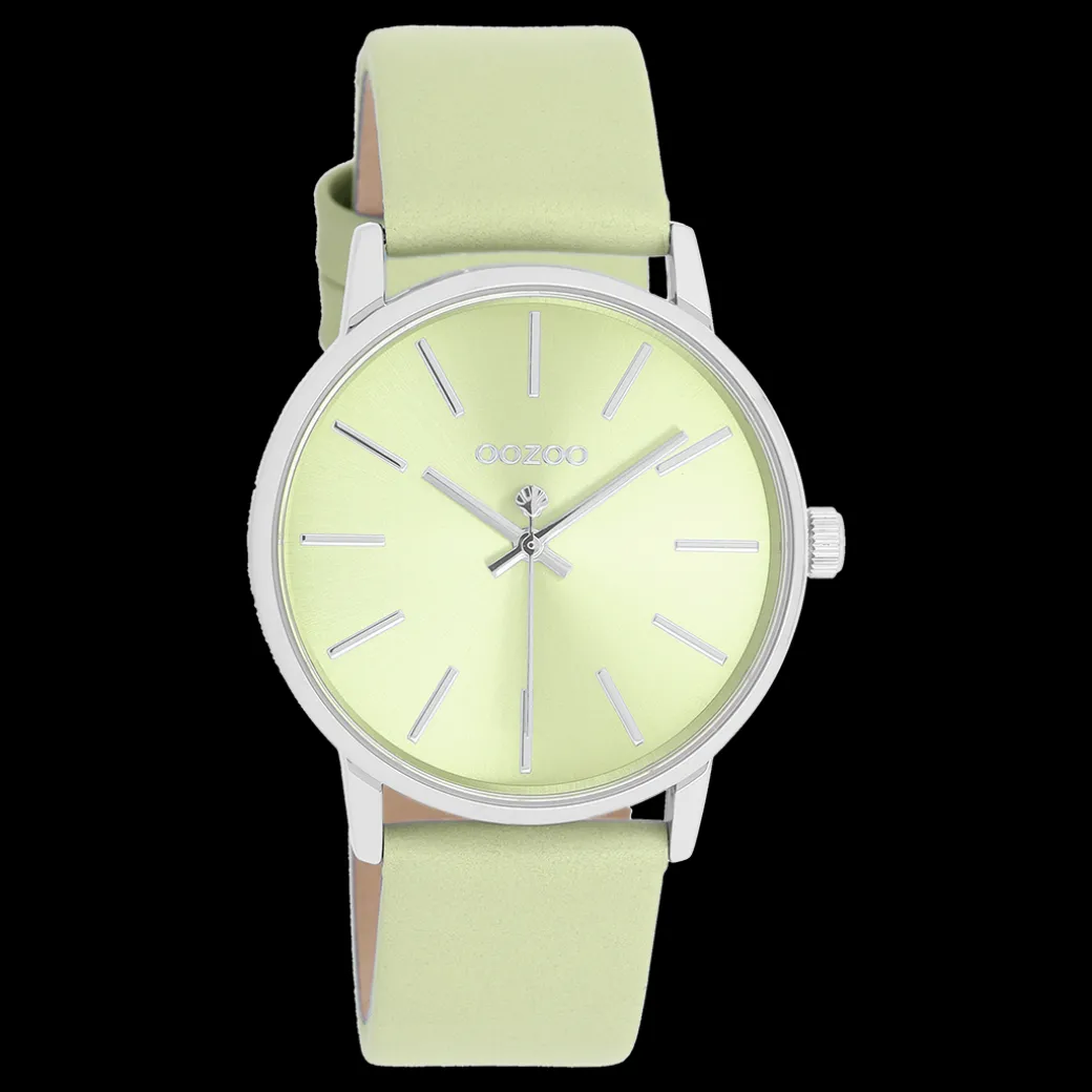 Zilverkleurige OOZOO horloge met licht groene leren band - C11370