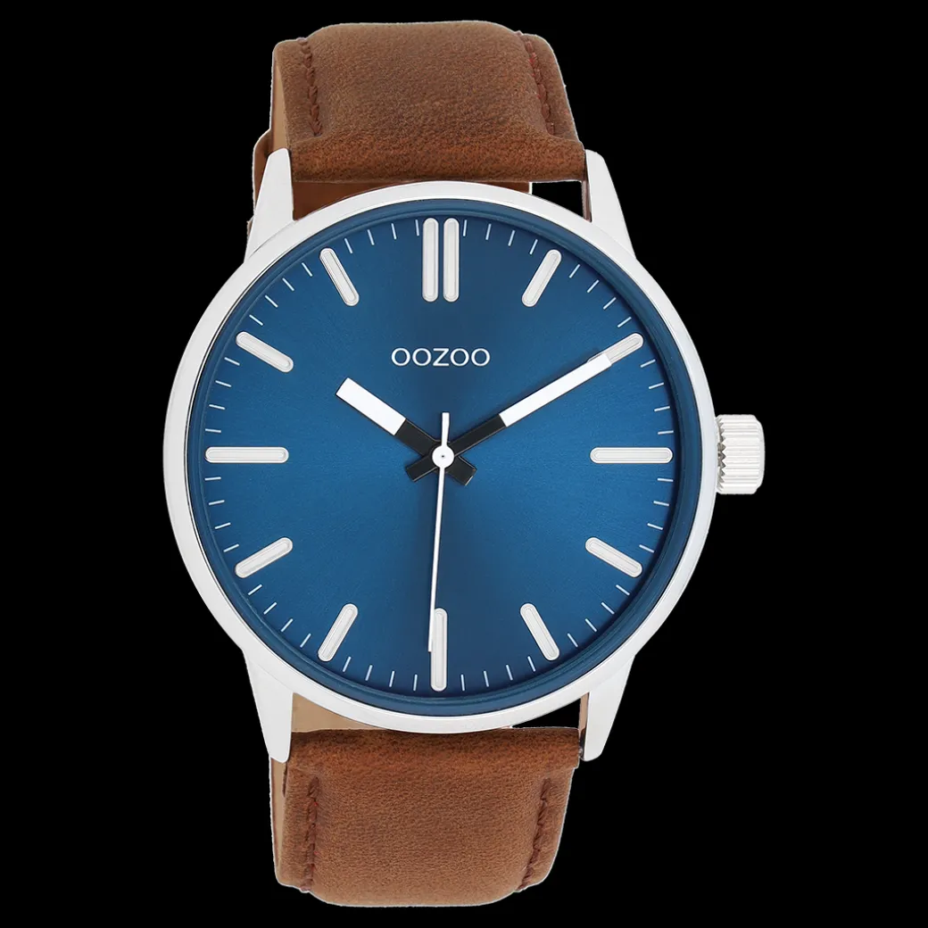 Zilverkleurige OOZOO horloge met bruine leren band - C11400