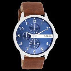 Zilverkleurige OOZOO horloge met cognac leren band - C11306