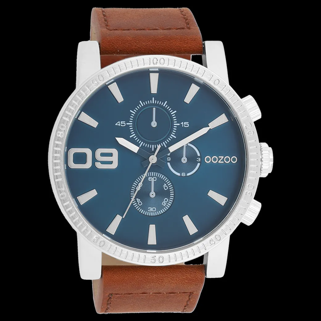Zilverkleurige OOZOO horloge met bruine leren band - C11210