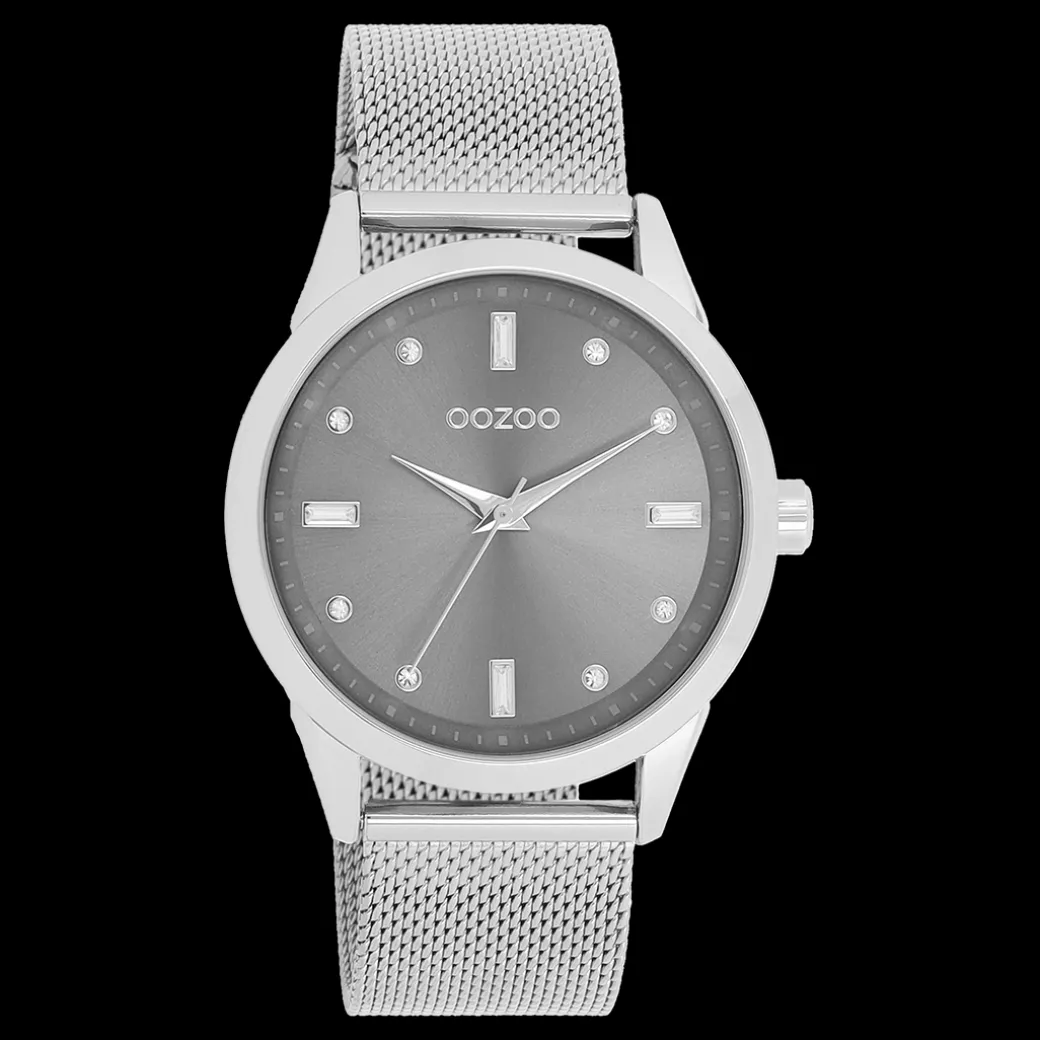 Zilverkleurige OOZOO horloge met metalen mesh armband - C11281