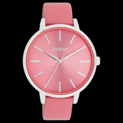 Zilverkleurige OOZOO horloge met roze schelpkleurige leren band - C11295