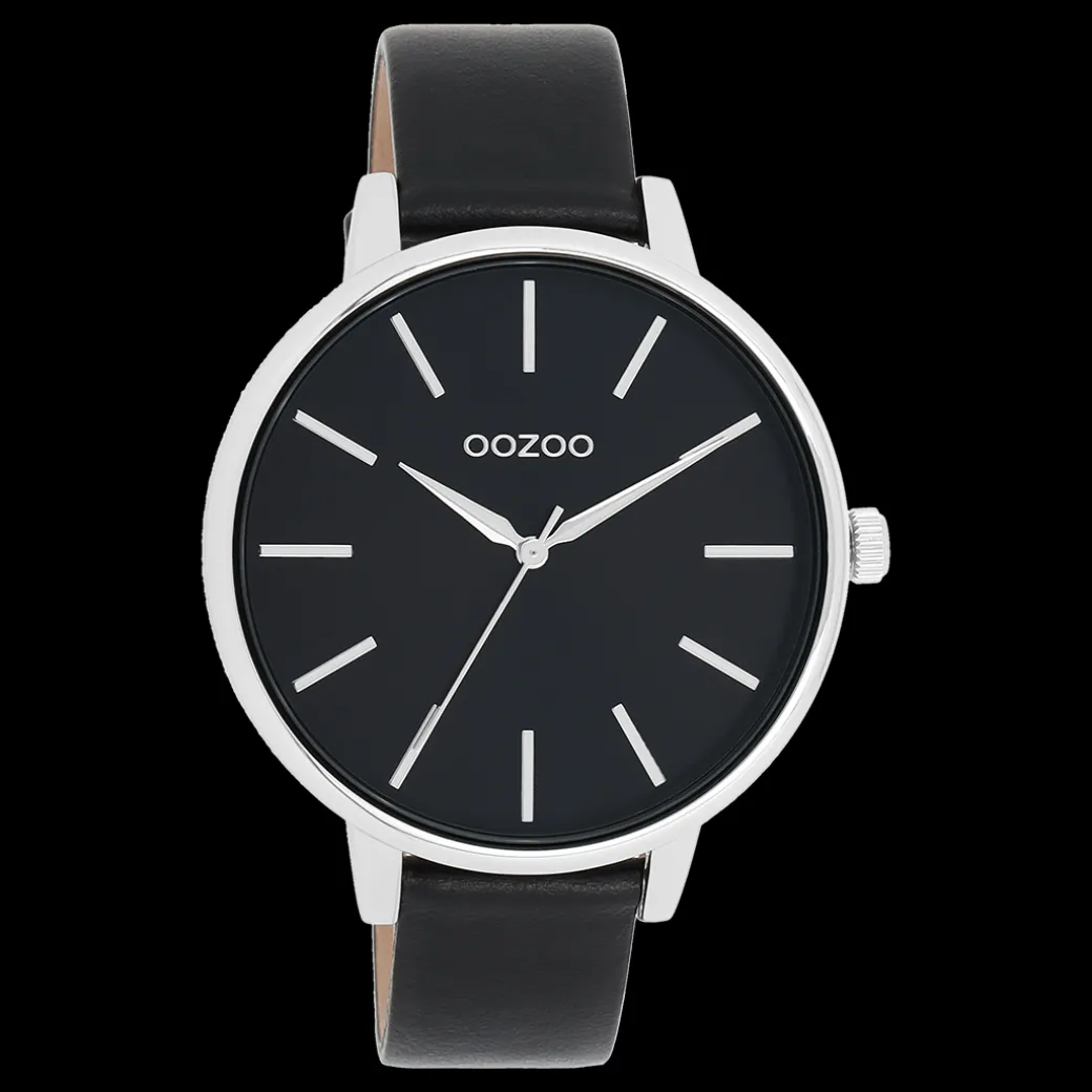 Zilverkleurige OOZOO horloge met zwarte leren band - C11293